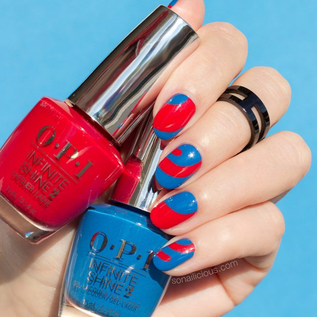 blue and red nail design, OPI Infinite Shine nail polish