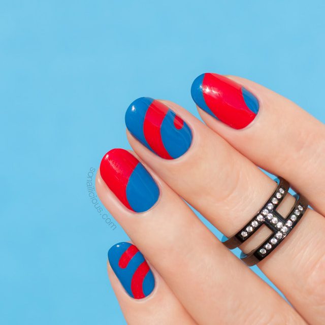 blue and red nails, abstract nail art